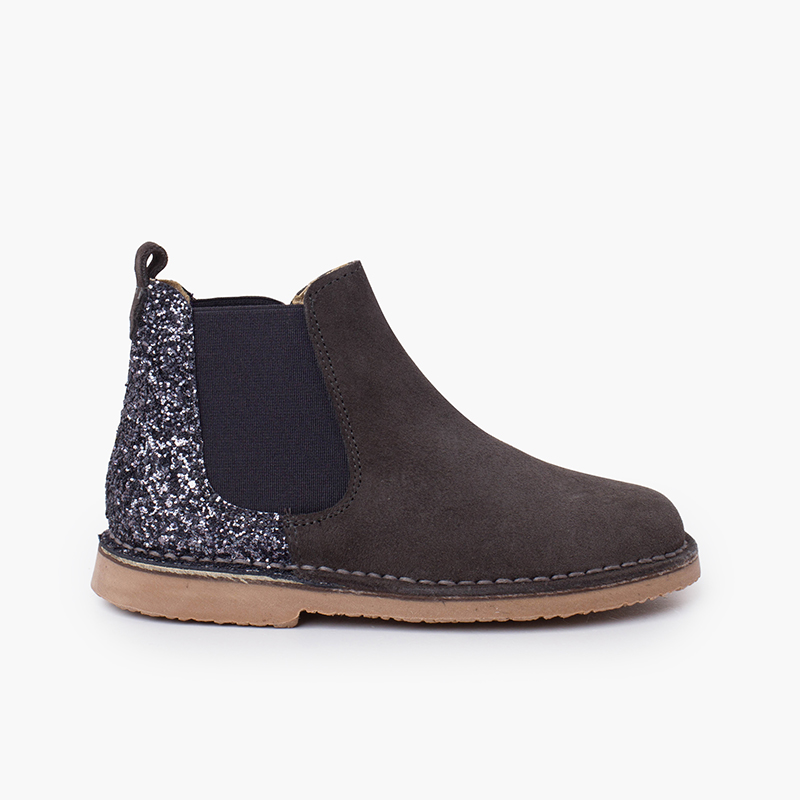 Botines Niña Serraje con talonera glitter Gris Oscuro