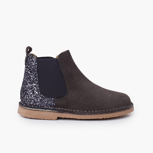 Botines Niña Serraje con talonera glitter Gris Oscuro