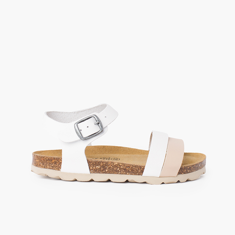 Sandale à lanières bicolore avec semelle bio ergonomique Blanc et Beige