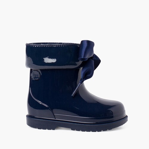  Botas agua niña caña baja charol con lazo Azul Marino