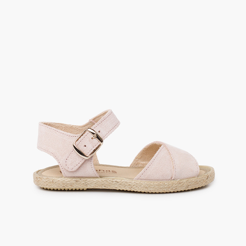 Sandalias niña serraje y yute tiras cruzadas Rosa