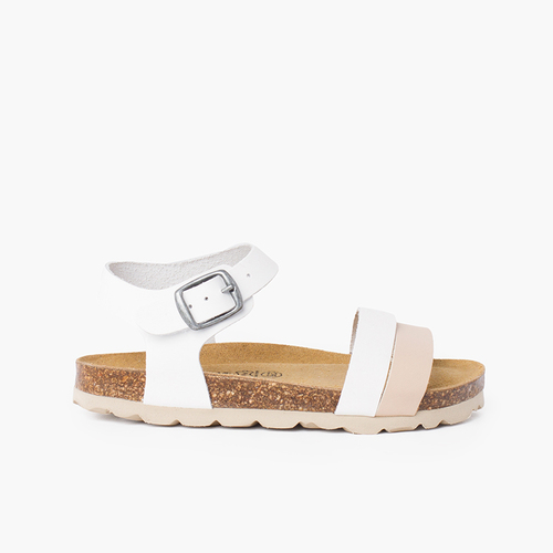 Sandalias niña bio tiras bicolor Blanco y Beige
