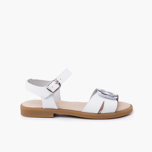 Sandalias niña tira ancha adherente flor cierre hebilla Blanco Flor Gris Azulada