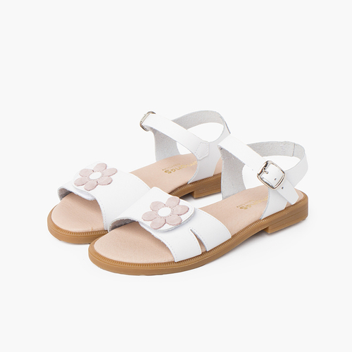 Sandalias niña tira ancha adherente flor cierre hebilla Blanco Flor Rosa