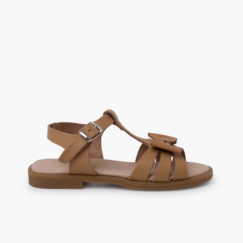 Sandalias niña piel lazo cierre hebilla Beige