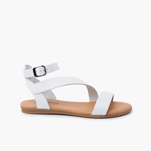 Sandalias niña y mujer tira cruzada pulsera hebilla Blanco