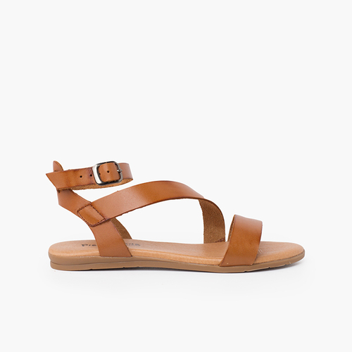 Sandalias niña y mujer tira cruzada pulsera hebilla Cuero