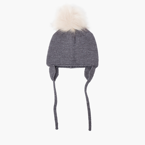 Gorro lana orejeras y pompón pelo Gris Medio