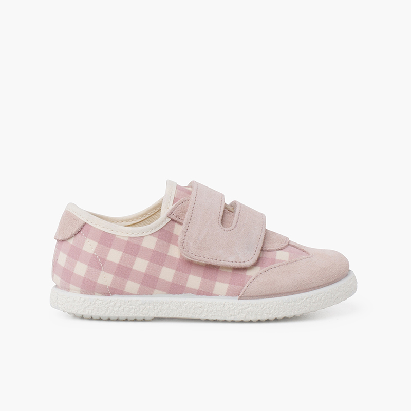 Zapatillas Vichy y Serraje tira adherente doble Rosa Pastel