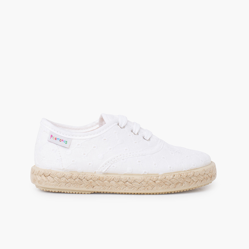 Zapatillas Tipo Alpargatas Tela Bordado Suizo Blanco