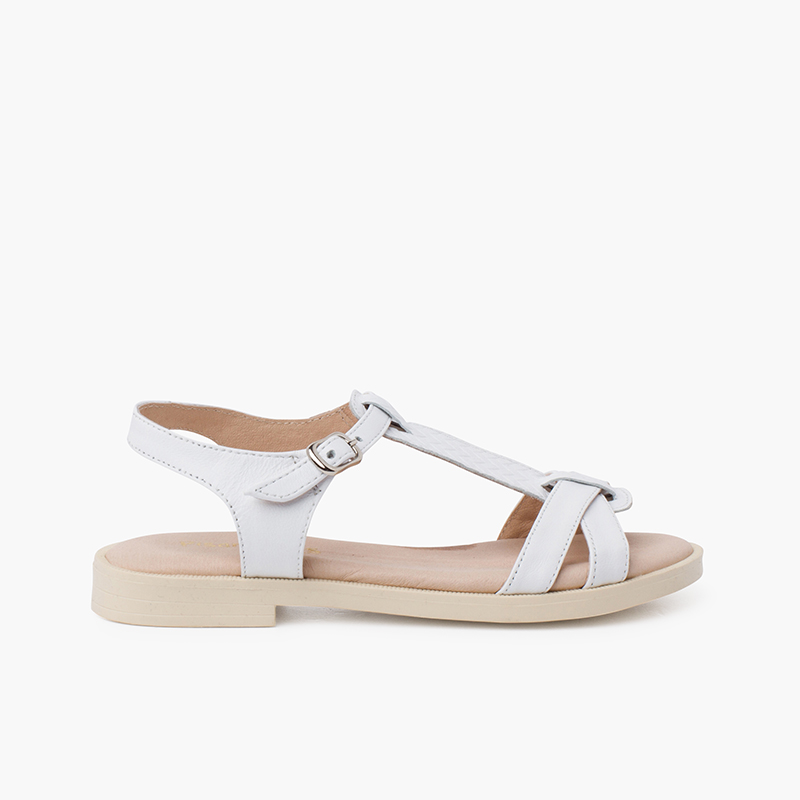 Sandalias niña de piel suave con tira central trenzada Blanco
