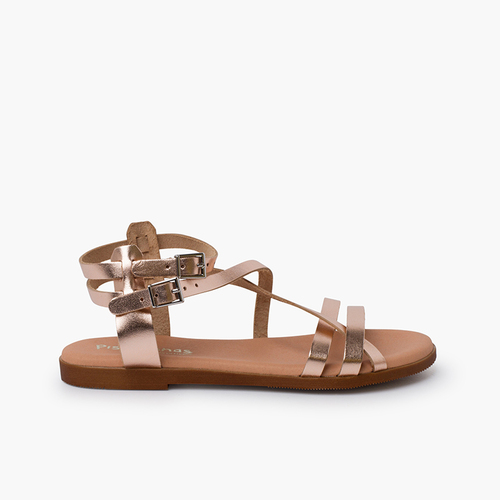 Sandalias mujer metalizadas piel con pulsera Cobre