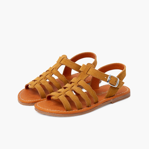 Sandalias niña y mujer tipo gladiador con hebilla Camel