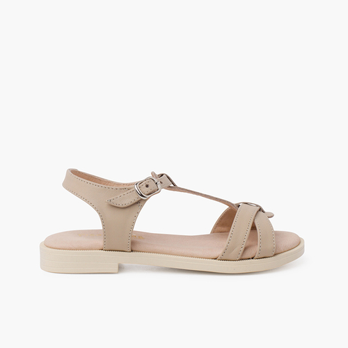 Sandalias niña de piel suave con tira central trenzada Arena