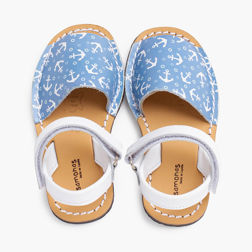 Menorquinas bicolor anclas niños tira adherente Blanco y Azul Jeans
