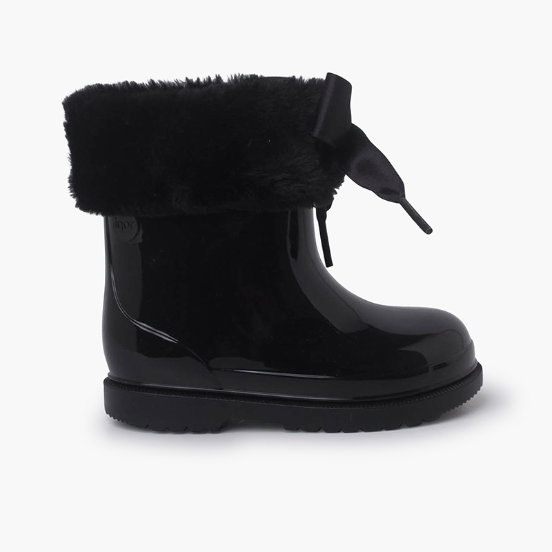 Botas Agua Bajas Pelito y Lazo Raso Negro