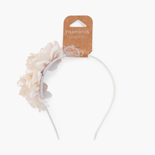 Diadema fina flores Blanco y Beige