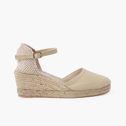 Alpargatas Mujer Cuña Alta Hebilla Beige