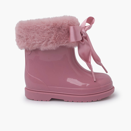 Botas Agua Bajas Pelito y Lazo Raso Rosa