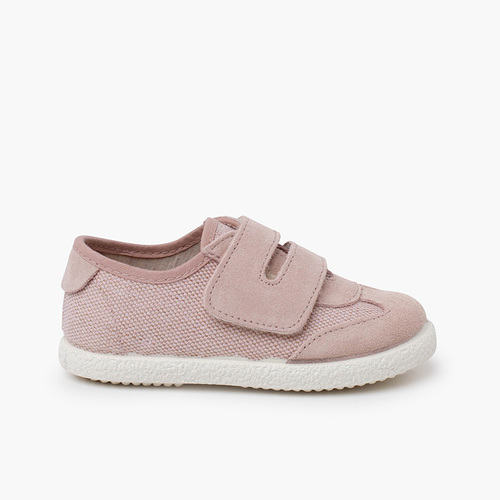 Zapatillas lino y serraje cierre ancho adherente Rosa