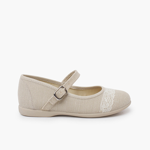 Merceditas lino ceremonia puntilla Beige