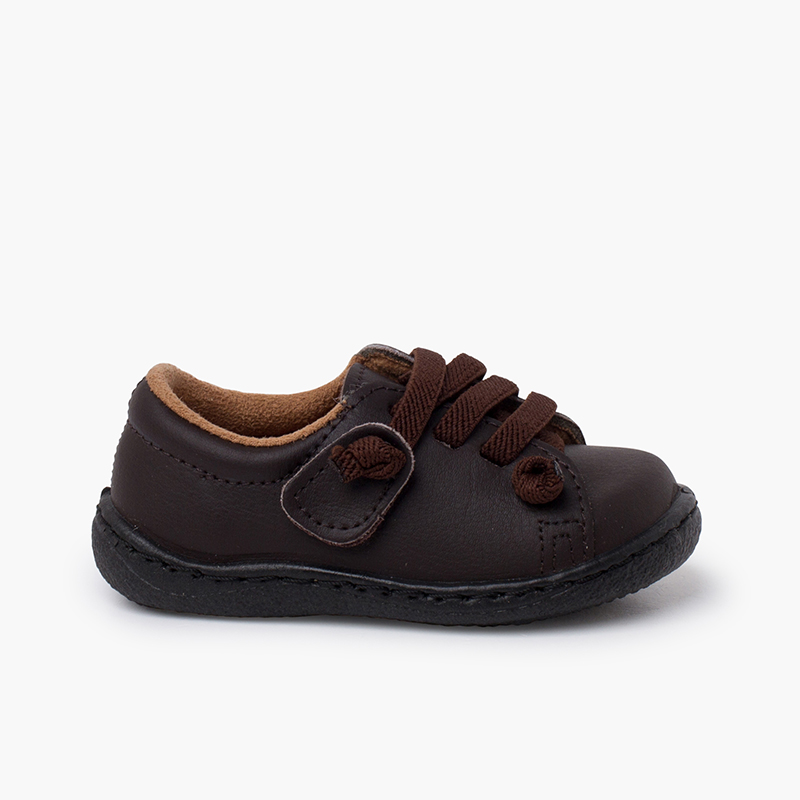 Baskets cuir lavable lacets élastiques Marron