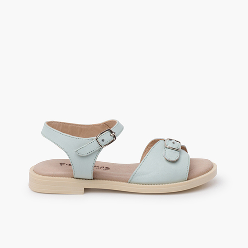 Sandalias niña en piel. Pala hebilla Azul Cielo