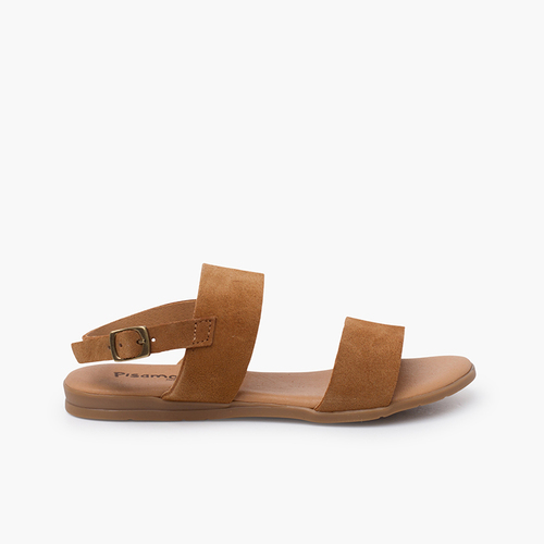 Sandalias niña y mujer tiras anchas en serraje Camel
