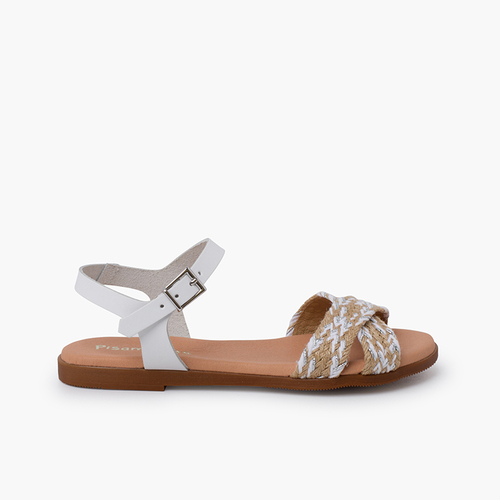 Sandalias niña y mujer. Tira de yute cruzada en la pala Blanco Bicolor