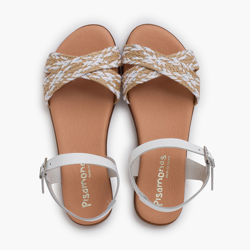 Sandalias niña y mujer. Tira de yute cruzada en la pala Blanco Bicolor