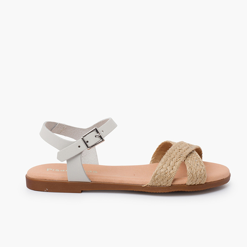 Sandalias niña y mujer. Tira de yute cruzada en la pala Natural