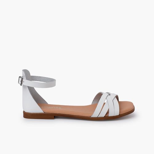 Sandalias niña y mujer en piel con tiras y talonera  Blanco