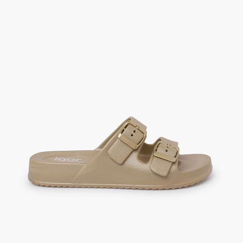 Sandalias Mujer doble hebilla colores metálicos Champagne