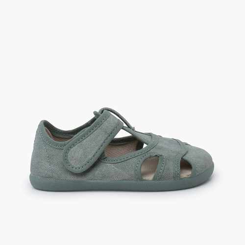 Sandalias niña y niño barefoot lona lavada Verde