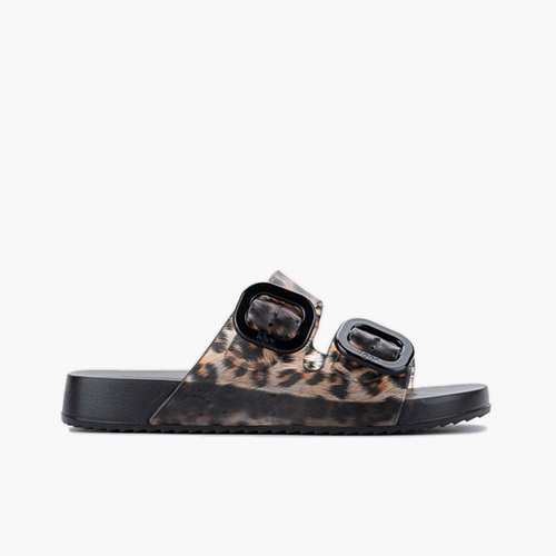 Chanclas habana doble hebilla brillo animal print Negro