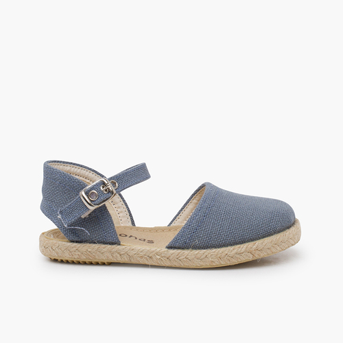 Alpargatas lino suela plana hebilla Azul Francia