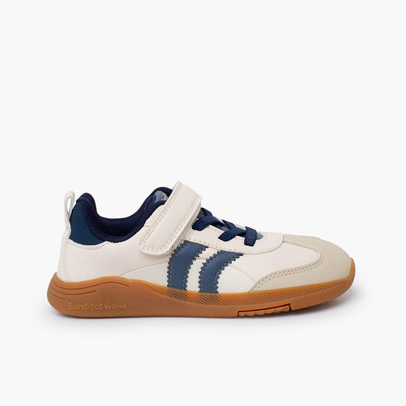 Deportivas Blanditos bandas tira adherente y cordones beige y azul