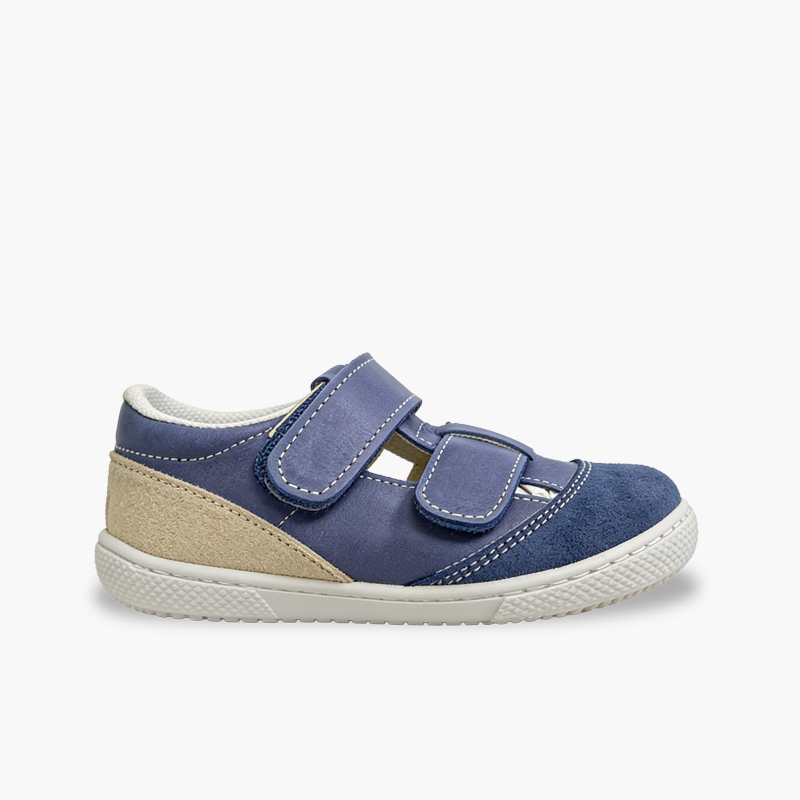 Sandalias barefoot piel niños doble tira Azul Marino