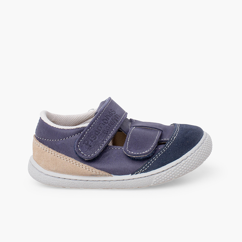 Sandalias barefoot piel niños doble tira Azul Marino
