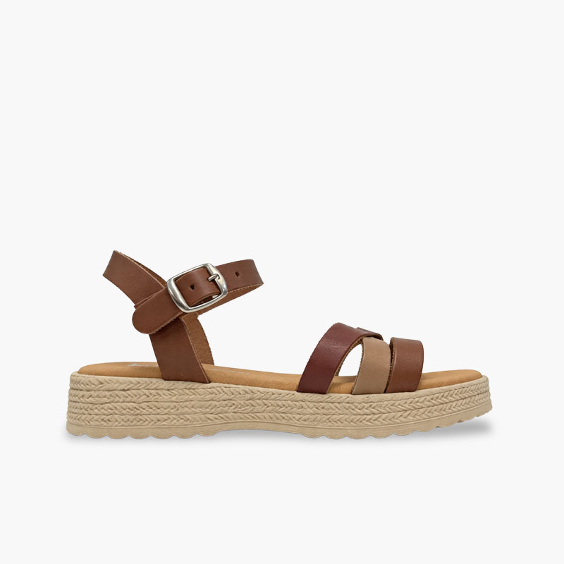 Sandalias niña tiras hebilla piso trenzado Cuero