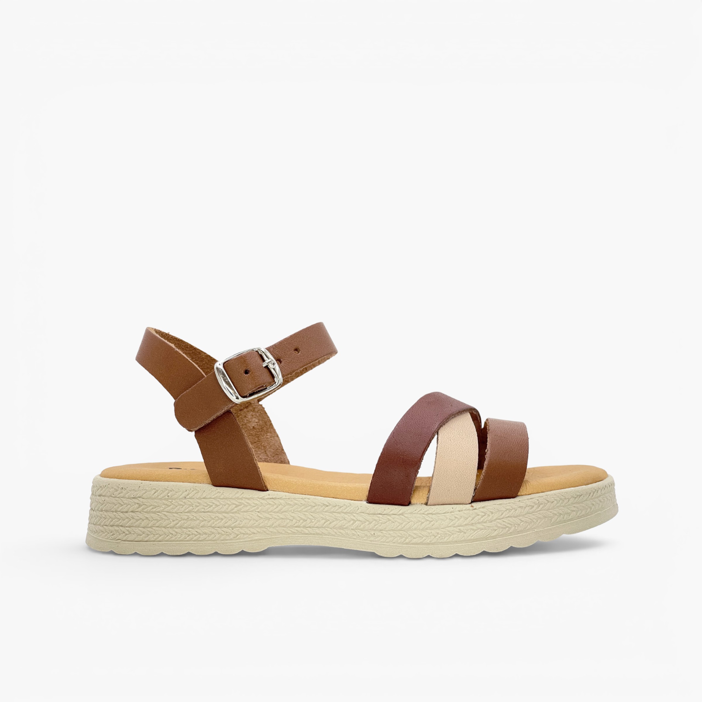 Sandalias niña tiras hebilla piso trenzado Cuero