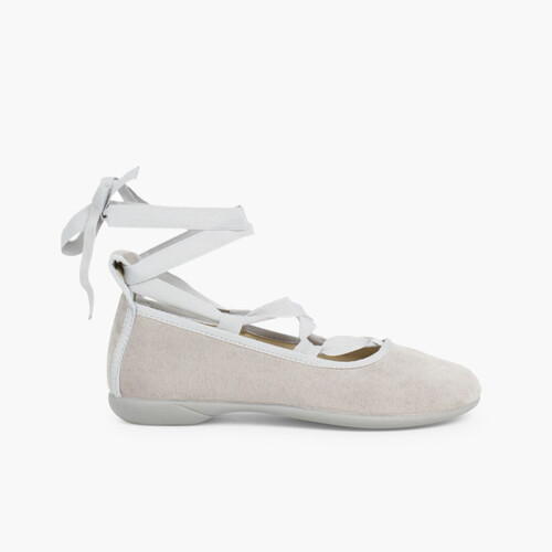 Bailarinas Efecto Ante Cintas Gris Perla