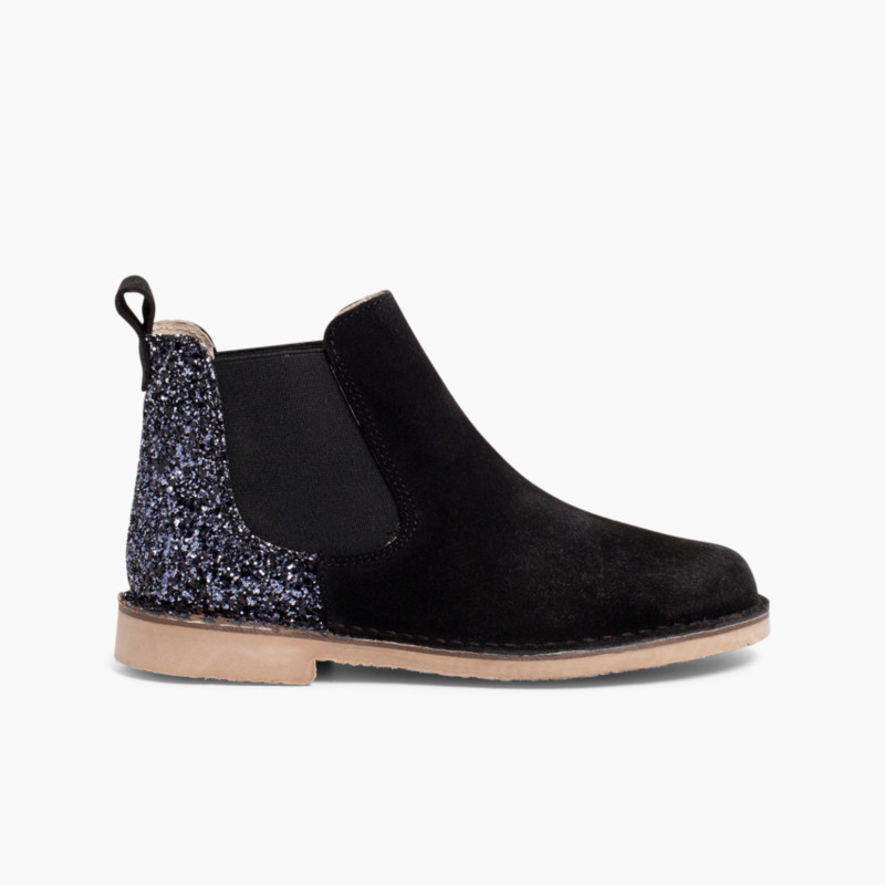 Botines Niña Serraje con talonera glitter Negro