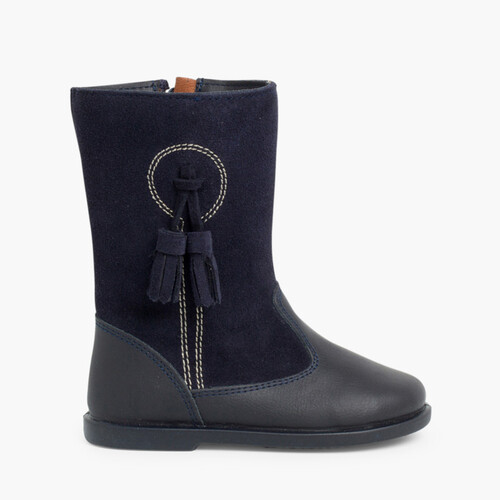 Botas Niña Piel y Serraje Borlas Azul Marino