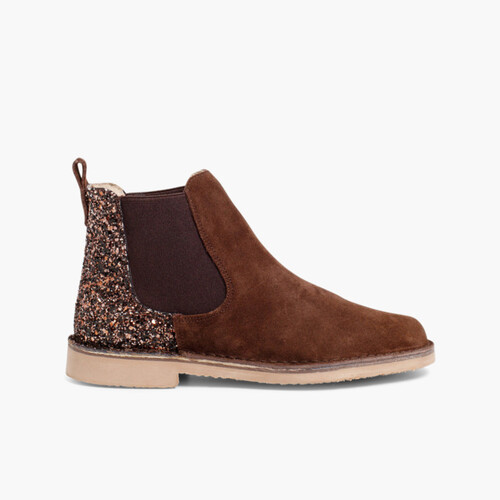 Botines Niña Serraje con talonera glitter Marrón
