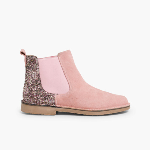 Botines Niña Serraje con talonera glitter Rosa
