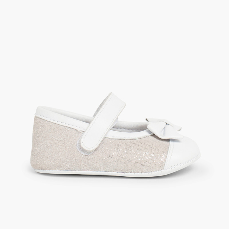 Merceditas Bebé Napa y Serraje Brillos con tira adherente    Plata