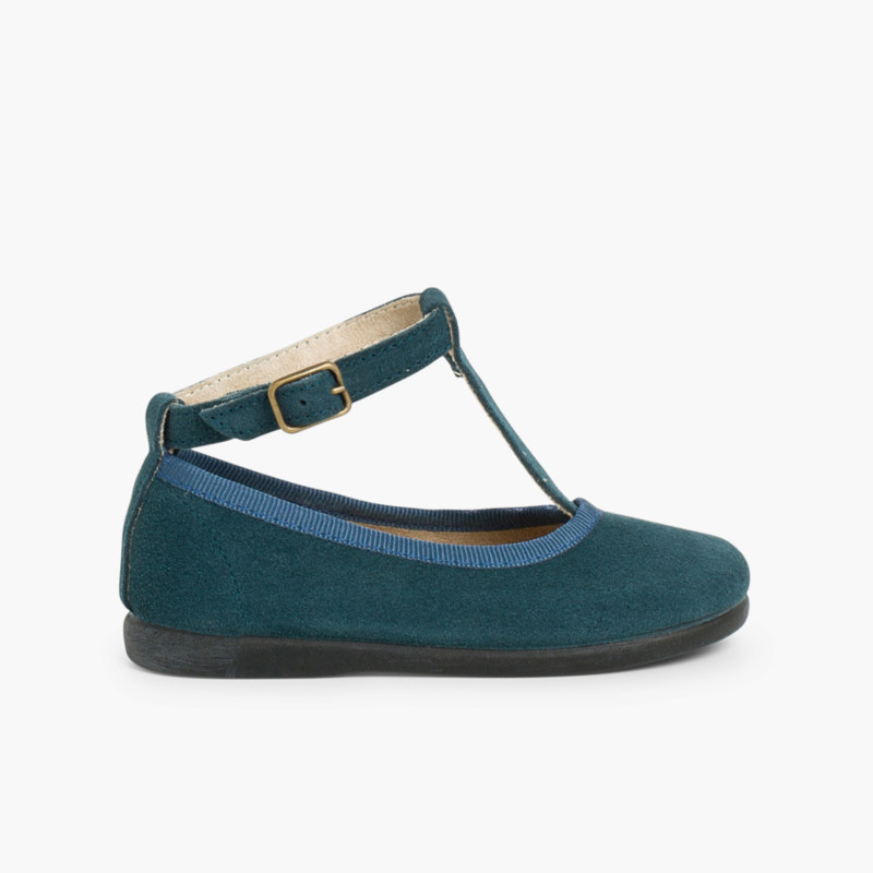 Merceditas Niña Serraje con Cierre de pulsera Azul Petróleo