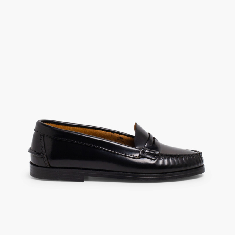 Mocassins fille en cuir pour l’école Noir