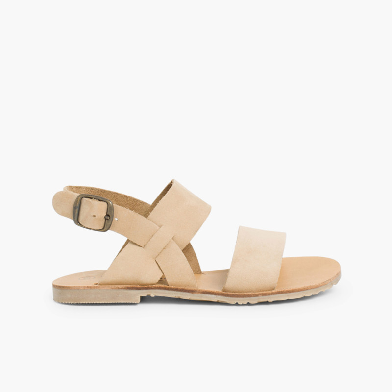 Sandalias Niña y Mujer Nobuck Tiras Anchas Beige